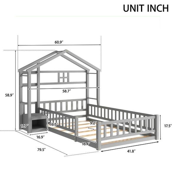 Gray Twin Size Pine Wood House-Style Headboard Floor Bed with Fence Guardrails without cushion