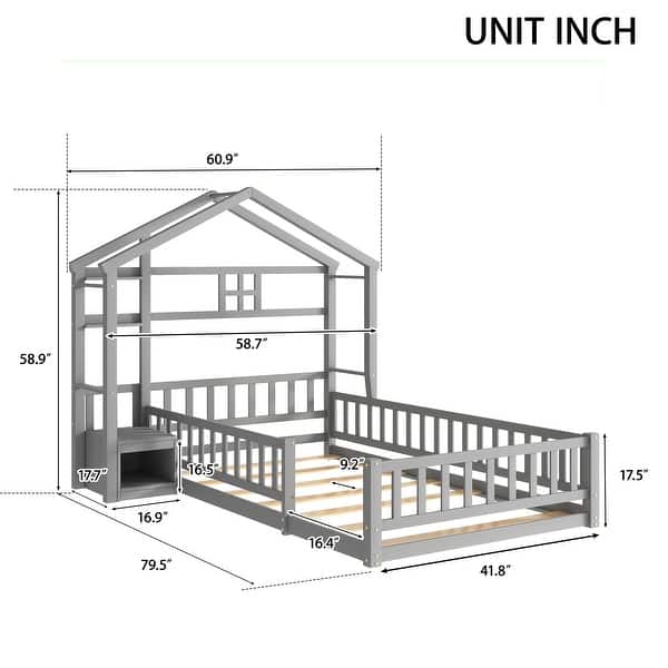 dimension image slide 1 of 6, Twin Size Pine Wood Kids House-Shaped Floor Bed Frame with Fence & Guardrails, No Box Spring Needed
