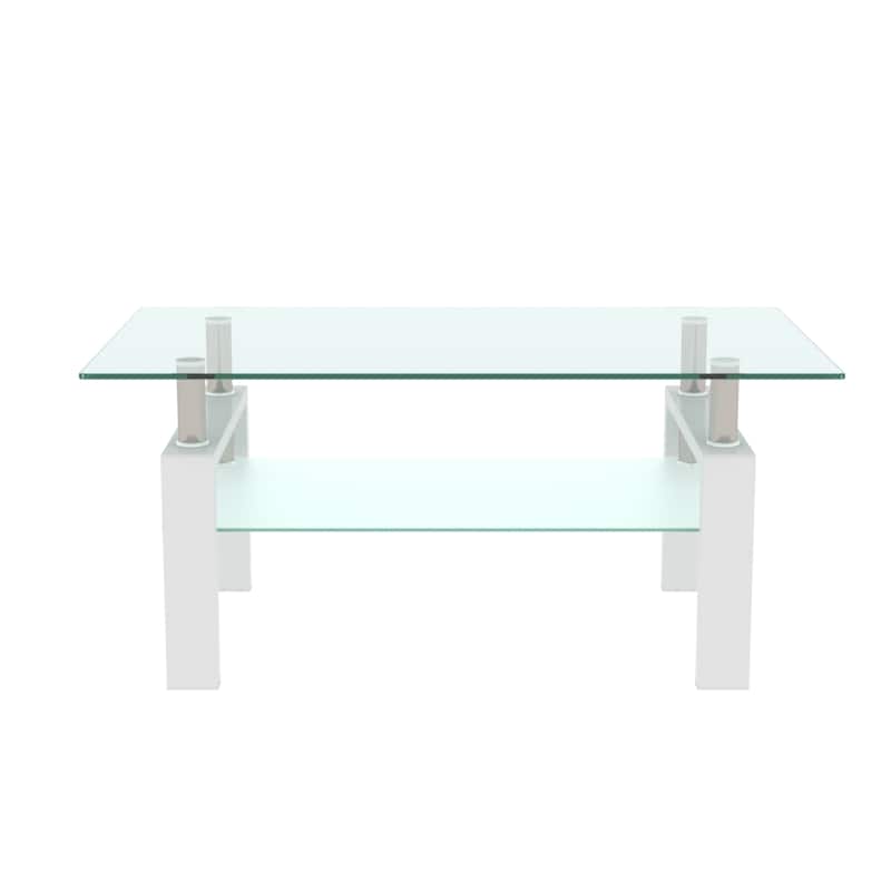 Modern Clear Coffee Table with Metal Base and Storage Shelf