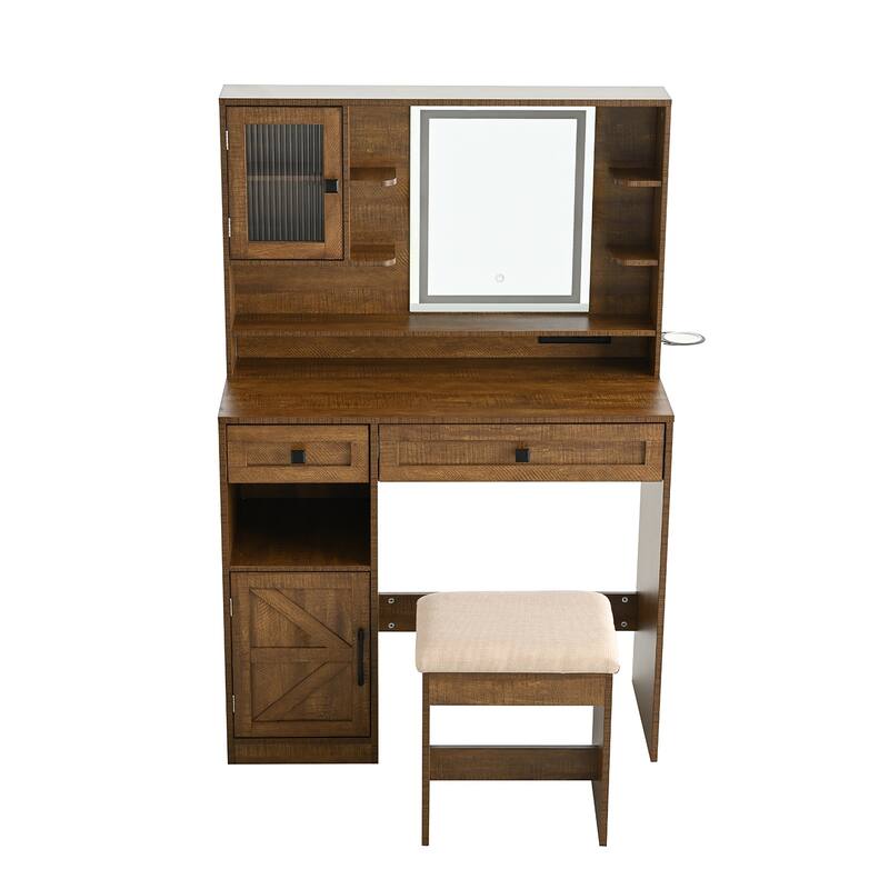 Vanity Desk with Touch Control Light Mirror, Dressing Table Set with Charging Station & Stool, Large Makeup Vanity Table