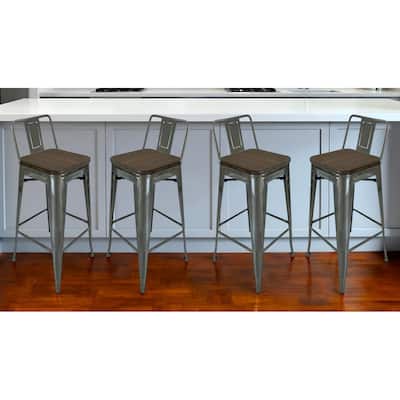 Set of Four 30" Brown And Gray Solid Wood And Metal Low Back Bar Height Bar Chairs