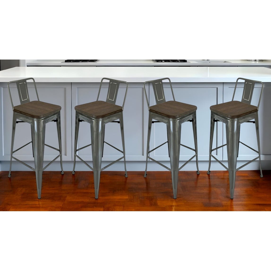Set of Four 30" Brown And Gray Solid Wood And Metal Low Back Bar Height Bar Chairs