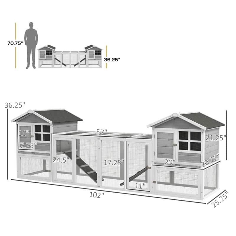 White-Grey-Black Fir Wood Hutch with Asphalt Roof for Small Pets - 102" L x 25.25" W x 36.25" H