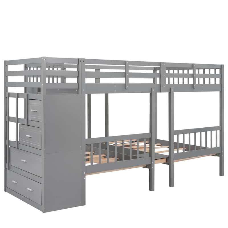 Full Over Twin & Twin Bunk Bed, Wood Triple Bunk Bed with Drawers and Guardrails