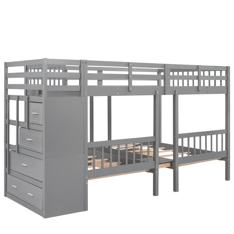 Space-Saving Full Over Twin & Twin Bunk Bed with Drawers and Guardrails, Gray