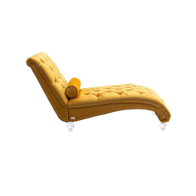 Mustard Modern 63.98" Upholstered Buttons Tufted Chaise Lounge Chair with Pillow and Acrylic Legs