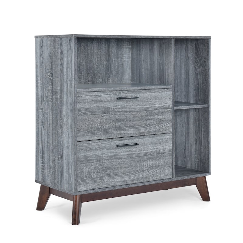Roomfitters Mid-Century Modern Storage Cabinet with Two Drawers and Open Shelves, Wood Grain Finish