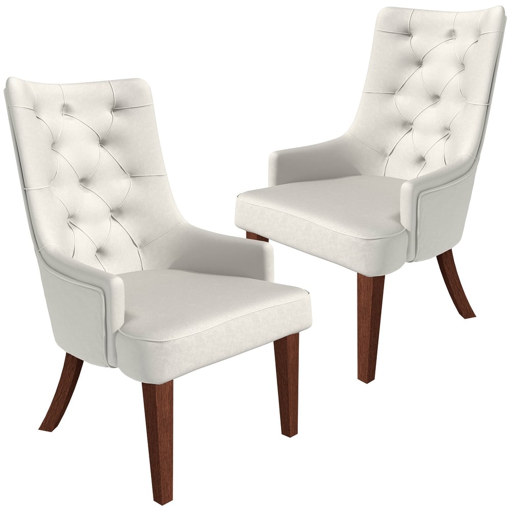 Spruce High-back Leather/Velvet Upholstered Dining Chair with Diamond-Tufted Backrest and Rubberwood Walnut Legs (Set of 2)