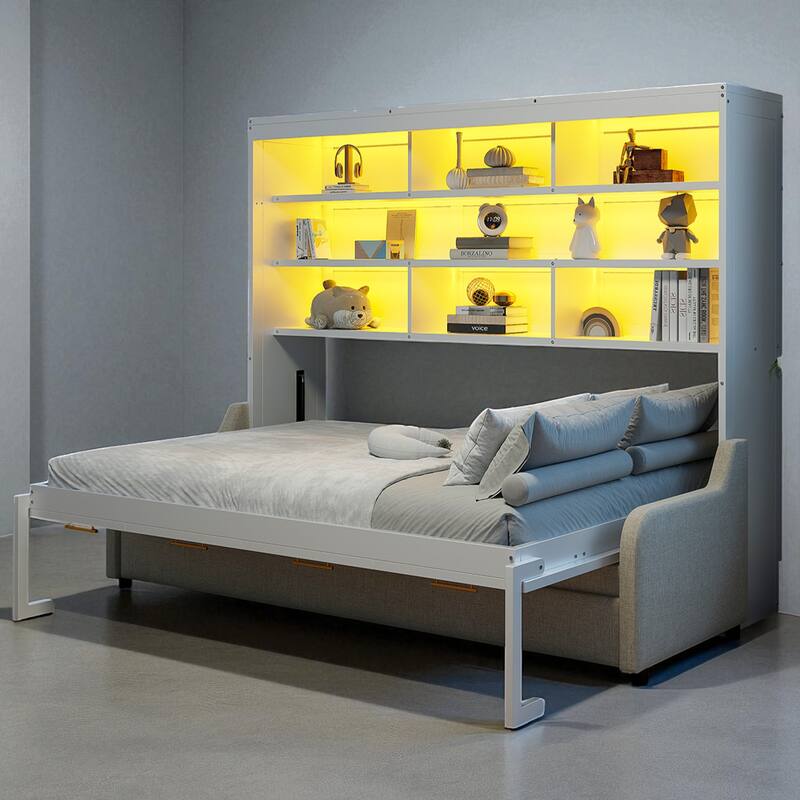 Full/Queen Size Murphy Bed with Fold-Out Sofa, LED Light, Storage Shelves, and Safety Lock - No Box Spring Needed