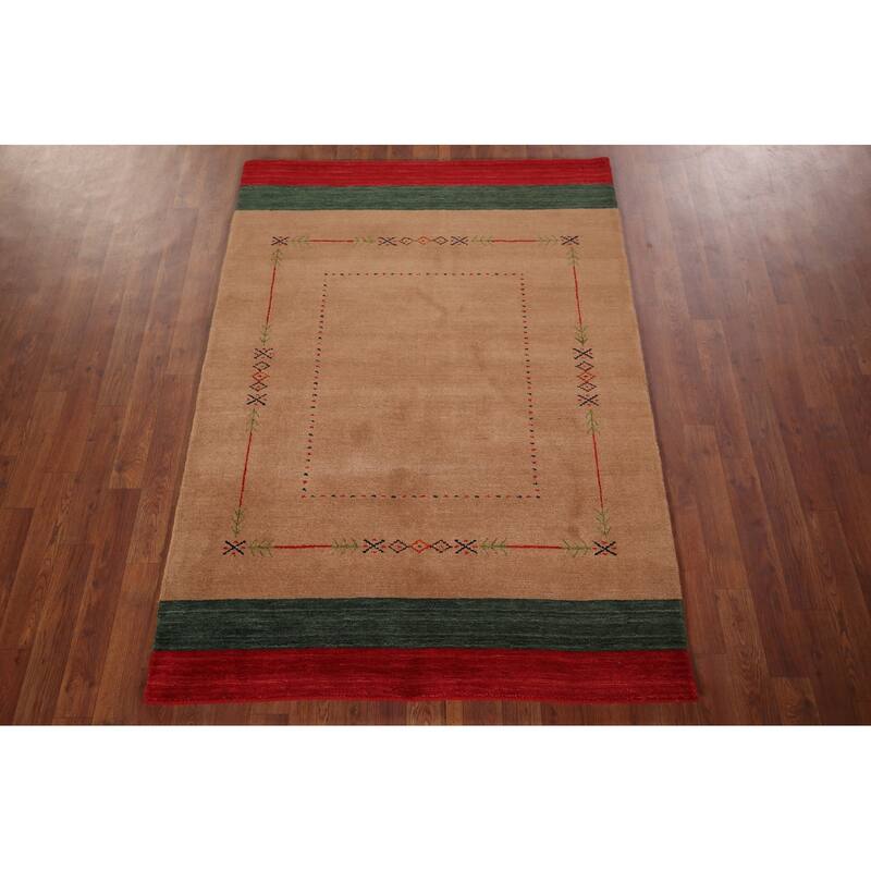 Gabbeh Indian Accent Rug Hand-Knotted Oriental Brown Wool Carpet - 3'10"x 5'8"