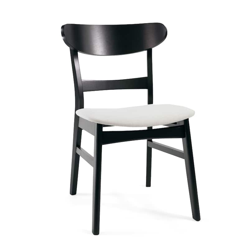 Set of 2 Dining Chairs, Upholstered Seat, Rubberwood Legs, Black + Light beige