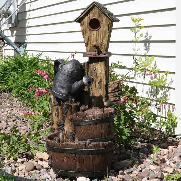 Birdhouse & Watering Can Outdoor Water Fountain 31" Rustic Feature
