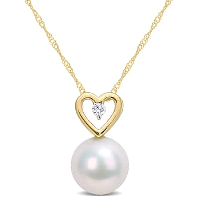 Miadora 9.5-10mm Cultured Freshwater Pearl and Diamond Accent Heart Drop 10k Yellow Gold