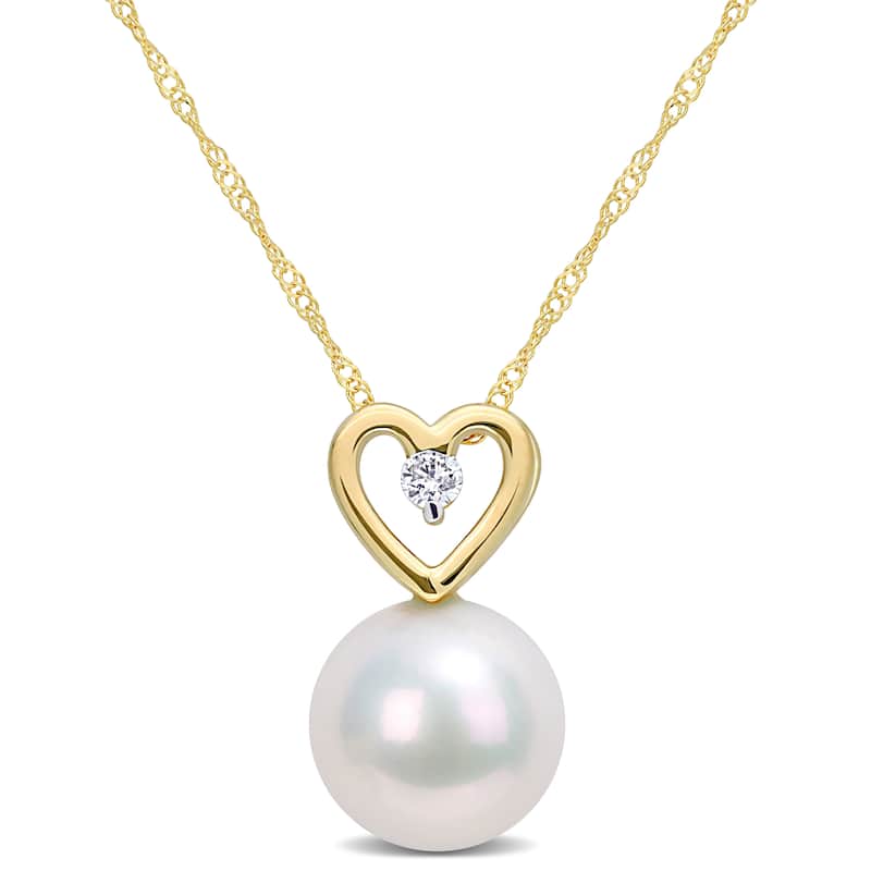 Miadora Cultured Freshwater Pearl & Diamond Accent Heart Drop Necklace in 10k Yellow Gold (9.5-10mm)