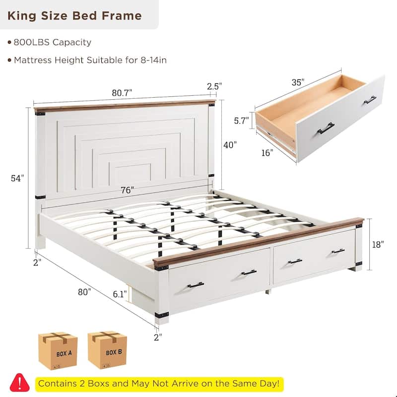 Farmhouse Wood Bed Frame with 54" Tall Headboard, 2 Large Drawers