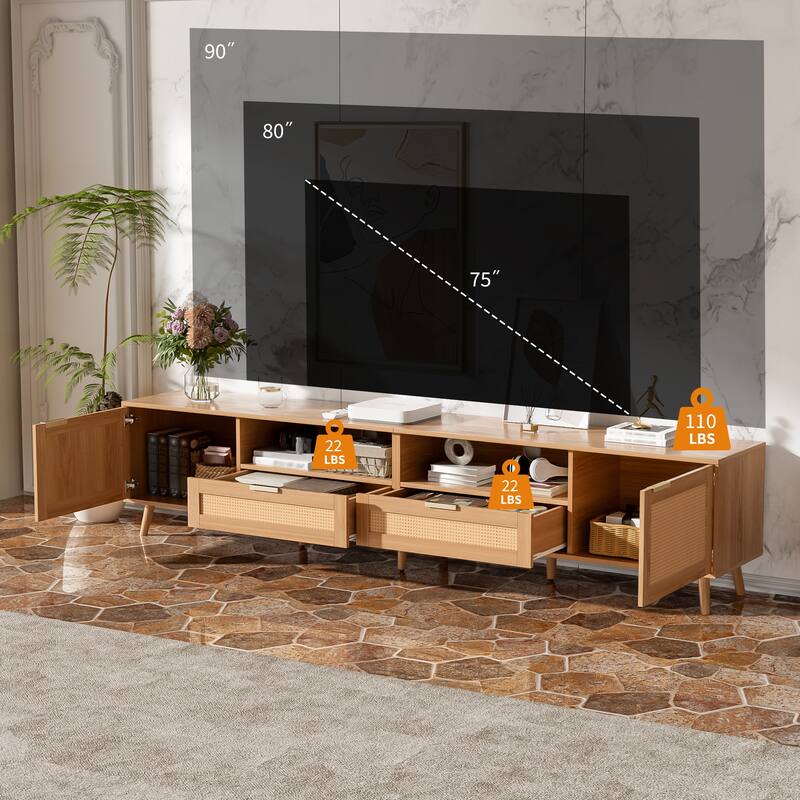 Rattan TV Stand for up to 90" TVs, Farmhouse Media Console with Solid Wood Legs