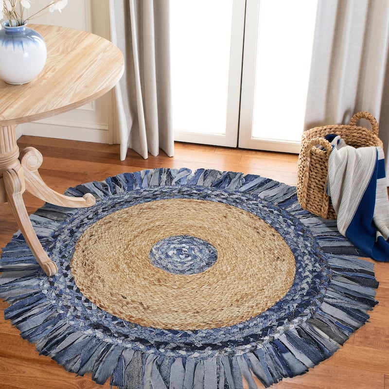 Sevita Organic Jute Braided Area Rug, Denim Blue and Natural - 3'6" Round