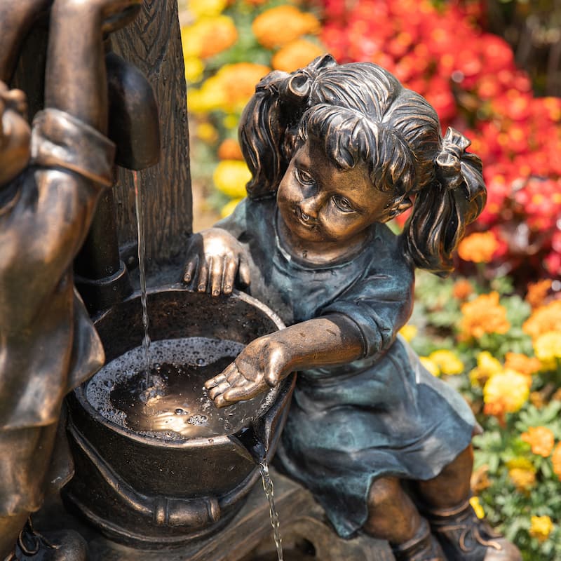 Glitzhome 26"H Polyresin LED Bronze Faucet Boy Girl Outdoor Fountain