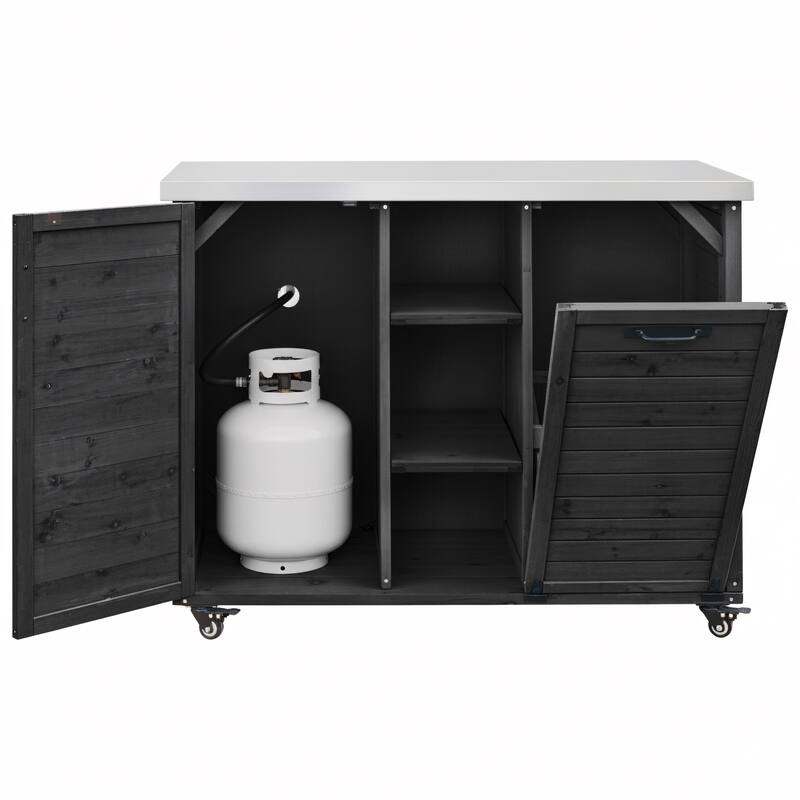 Kitchen Island with Foldable Grill Table, Grill Cart with Trash Can Storage, Stainless Steel Top Pizza Oven Table for Outdoor