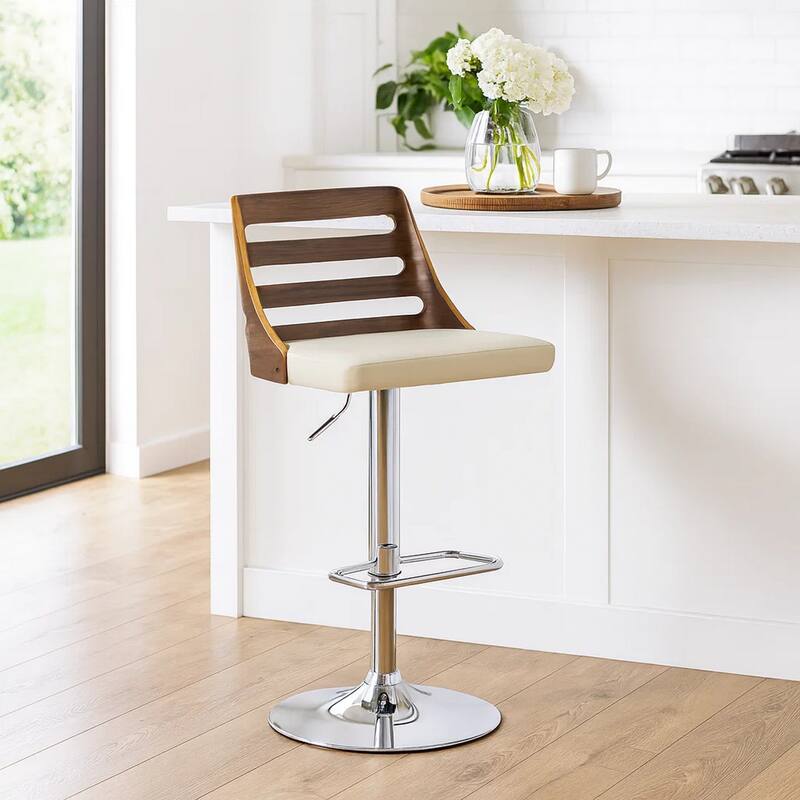 Swivel Wooden Cut Out Back Barstool with Pedestal Base, Cream and Chrome