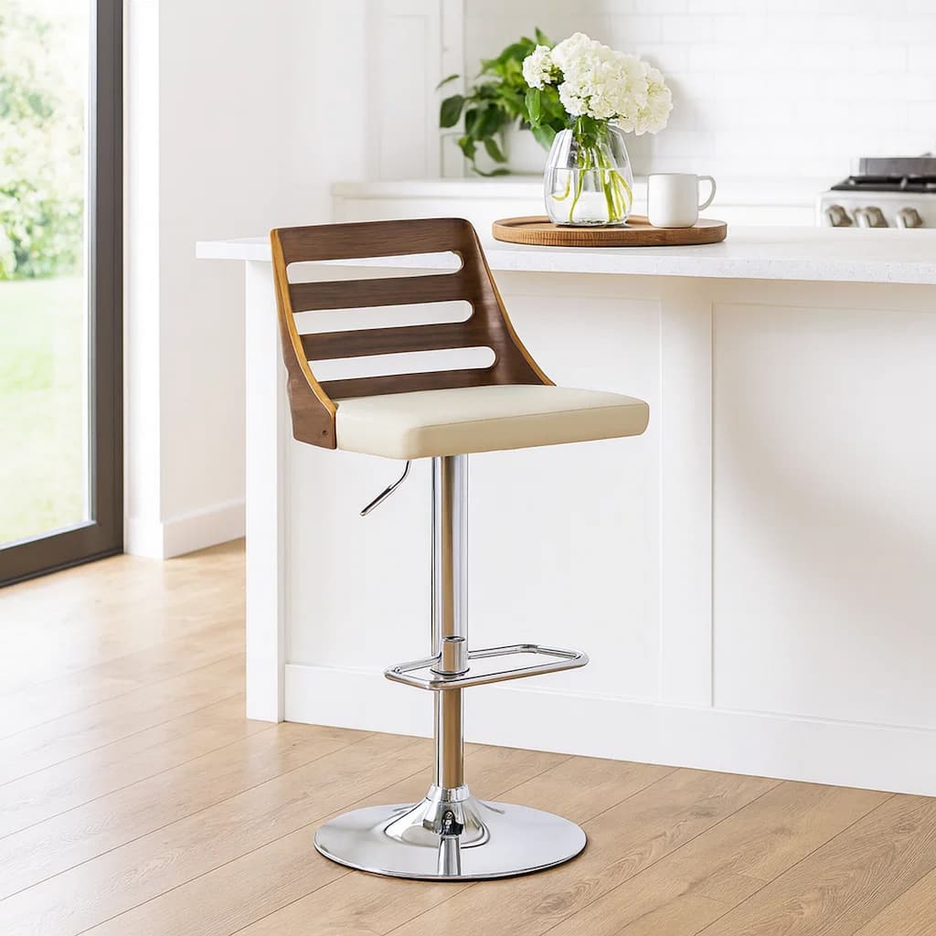 Swivel Wooden Cut Out Back Barstool with Pedestal Base, Cream and Chrome