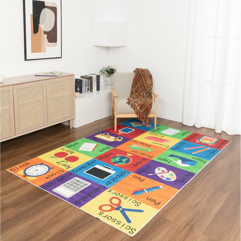 Kids Collection School Supplies Educational Area Rug