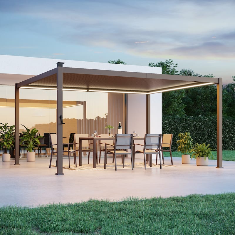 BONOSUKI Outdoor Aluminized Steel LED Louvered Pergola with Adjustable Roof, Brown - 12' x 14'