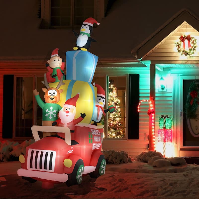 Outsunny 9ft Inflatable Santa Claus with Two Penguins, Christmas LED Display - Red