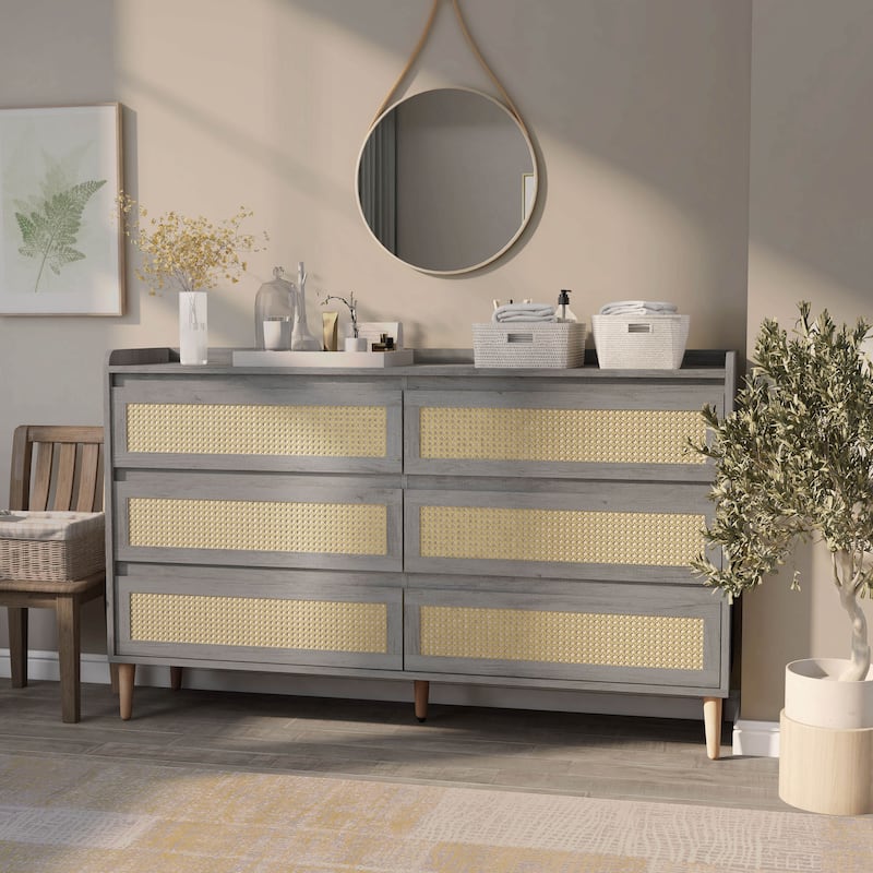 DH BASIC Boho Chic Beach 63-inch Wide Rattan 6-Drawer Dresser by Denhour - Vintage Grey Oak