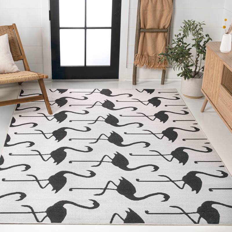 JONATHAN Y Liana Casual Coastal Flamingos Two-Tone Indoor/Outdoor Area Rug - 8 X 10 - White/Black
