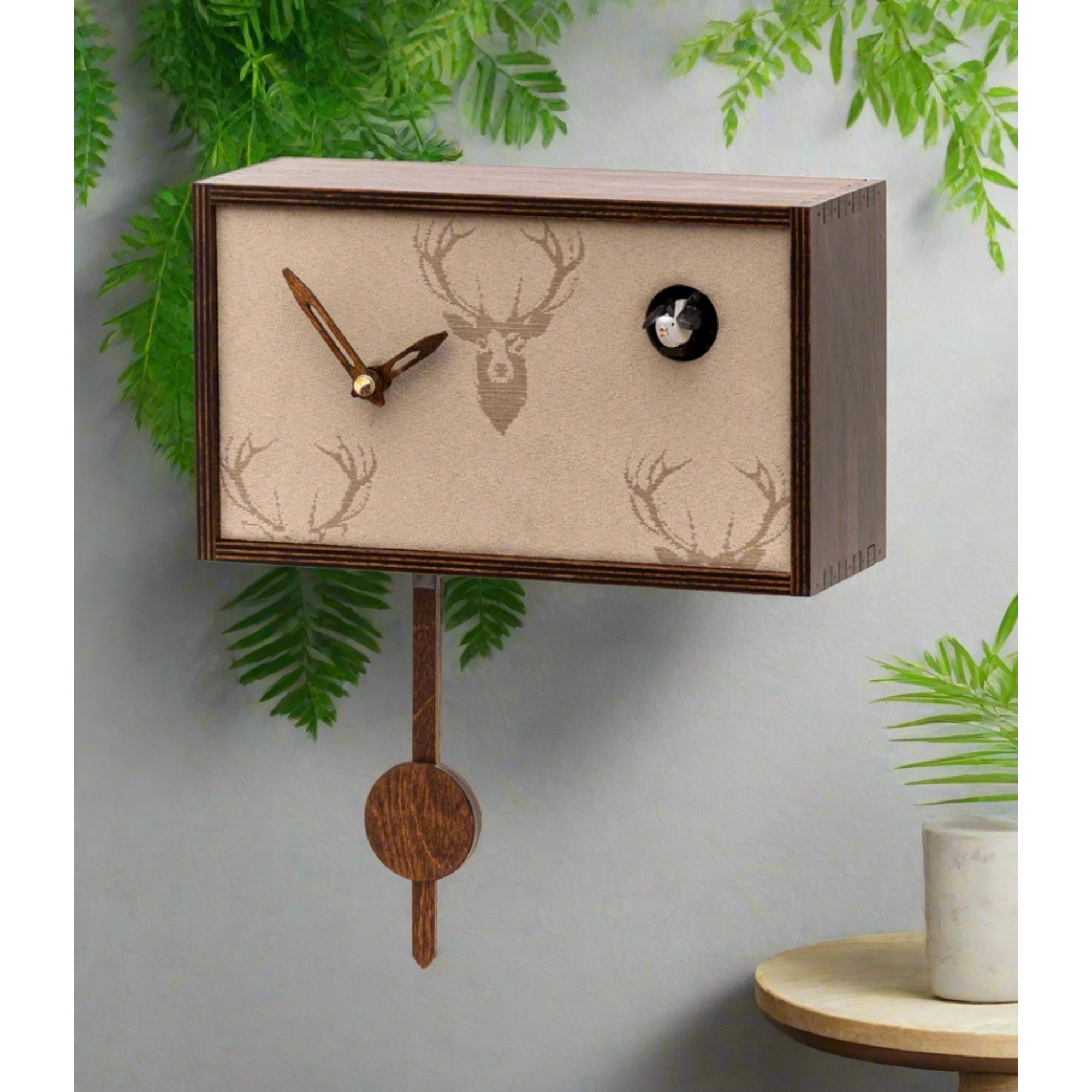 Rectangular Cuckoo Clock with Deer Dial - 9.5 - Brown