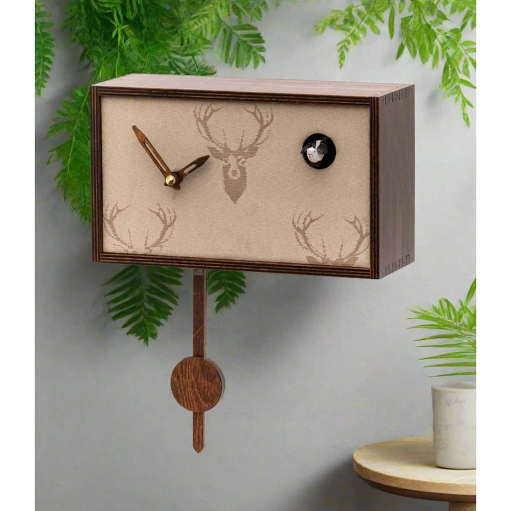 Rectangular Cuckoo Clock with Deer Dial - 9.5 - Brown