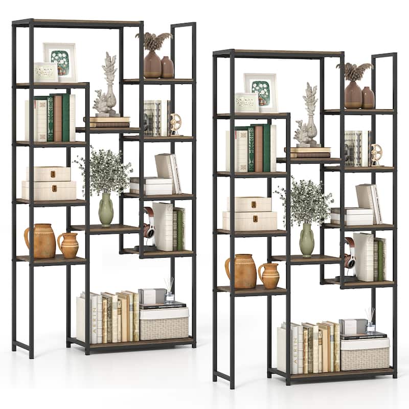 Gymax 2PCS Tall Bookshelf w/12 Open Shelves Anti-tip Kit for Living - Walnut