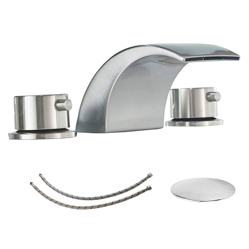 LED Widespread Bathroom Faucet With Drain Assembly 3 Holes Waterfall Bathroom Sink Faucets WIth Light 2 Handle Basin Vanity Tap