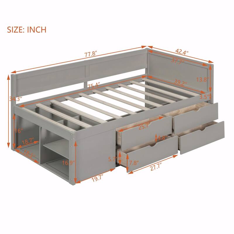 Daybed with Storage Drawers and Shelves