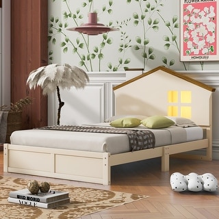 Bedroom Solid Wood Platform Bed House-Shaped Headboard Walnut Roof with LED Window Bed Frame Platform No Box Spring Needed
