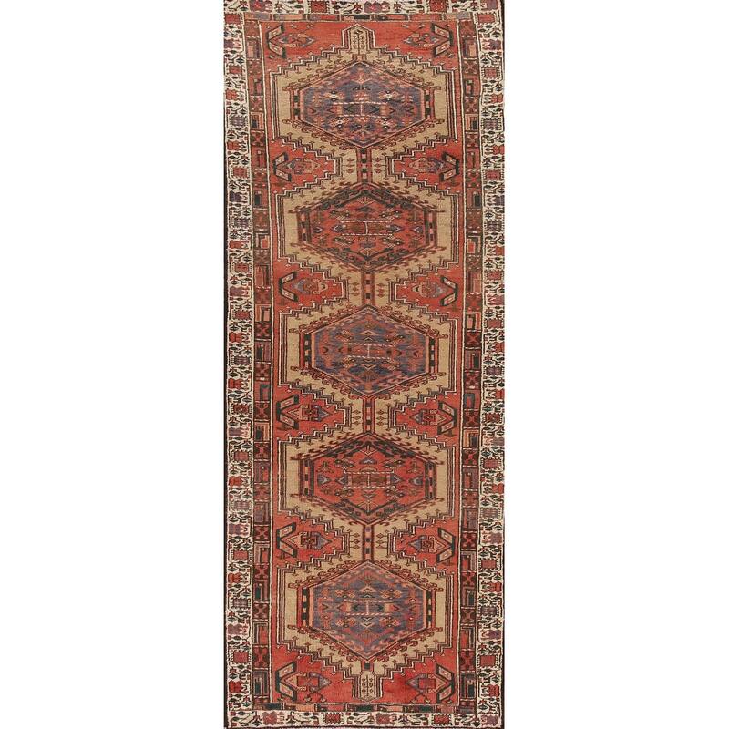 Orange Ardebil Persian Vintage Runner Rug Handmade Tribal Wool Carpet - 3'2"x 10'3"