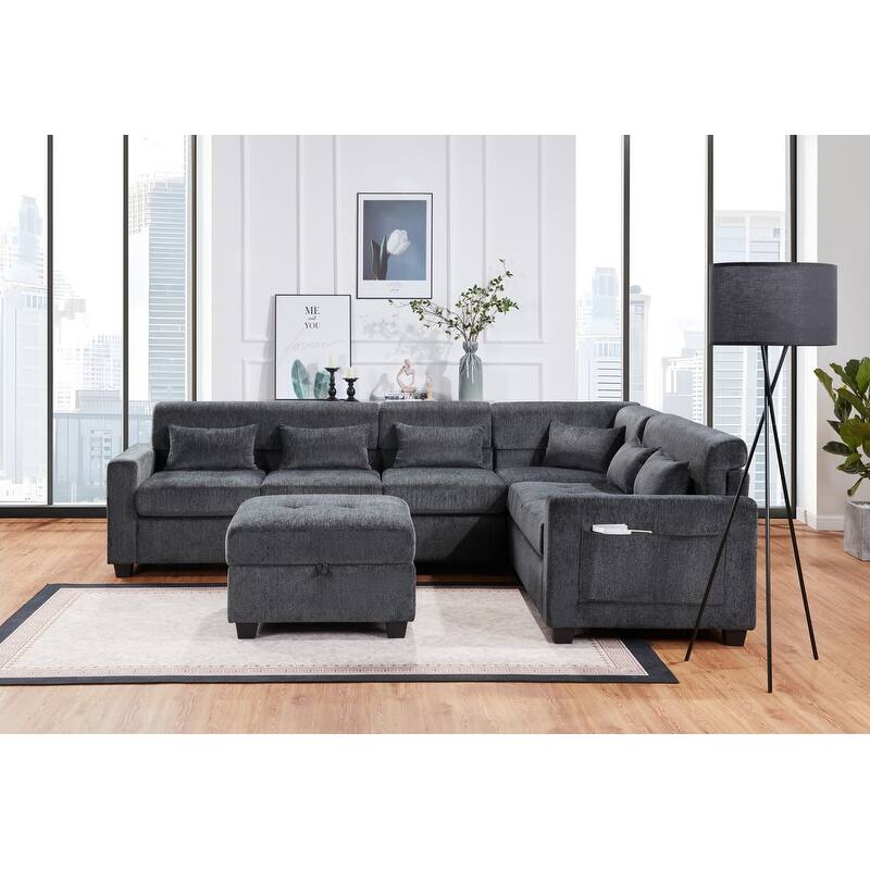 Trey 115"W Gray Chenille Sectional with Adjustable Backrest, Charging Ports, Pockets, Tufting, Storage Ottoman, Throw Pillows