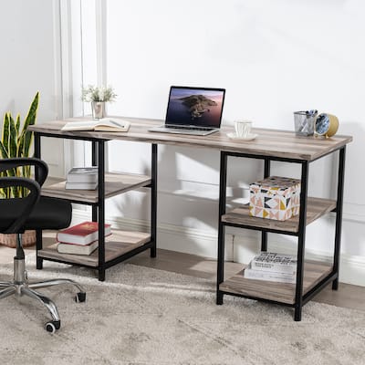 A bracket style office desk with double shelves on both sides of a 59 inch computer desk