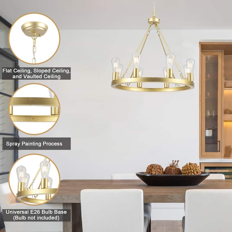 8-Light Circle Wagon Wheel Farmhouse Foyer Chandelier Linear Island Chandelier Lighting for Dining Room
