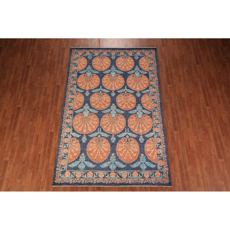 Blue & Orange Ziegler Vegetable Dye Area Rug Hand-Knotted Wool Carpet - 6'2" x 9'5"