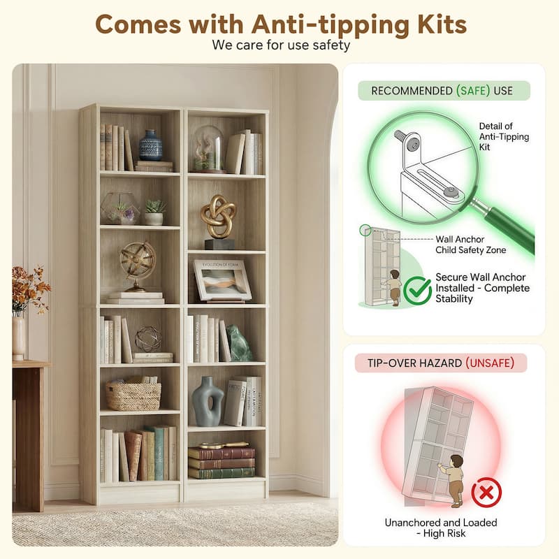 80"H Tall 6-Tier Bookcase With 2 Adjustable Shelves，Modern Open Storage Shelf for Home Office and Bedroom