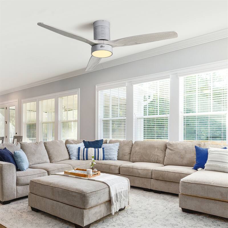 52" Flush Mount Wood Ceiling Fan with Dimmable LED Light and Remote Control - Silver with Grey