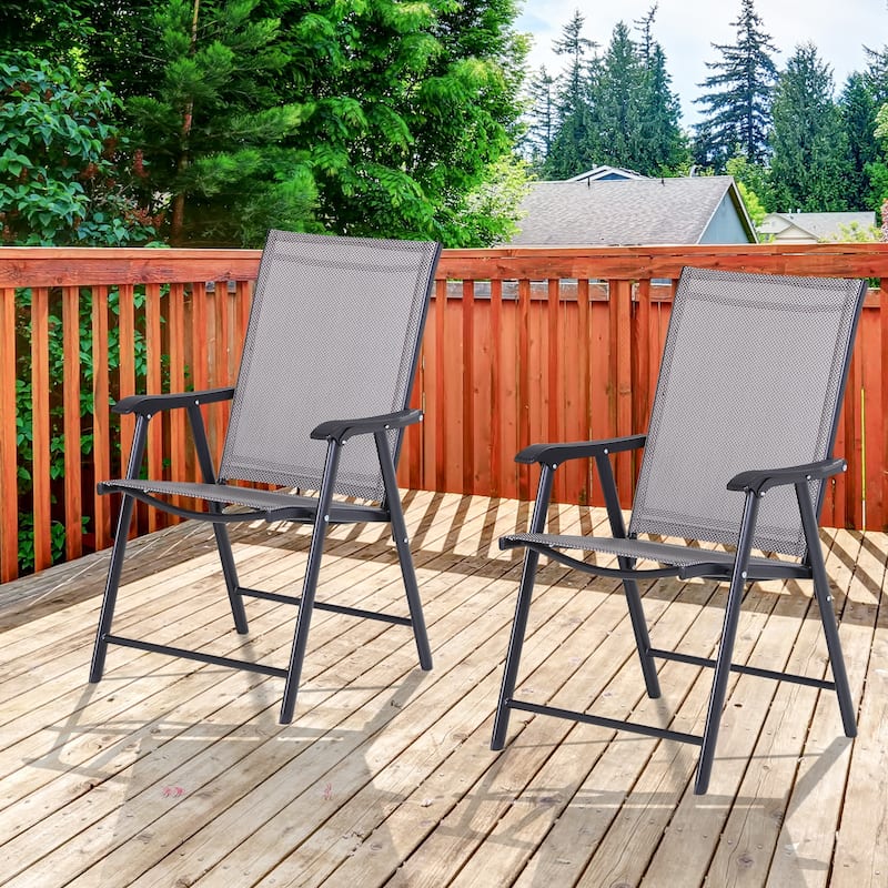 Outdoor Folding 2 Piece Patio Kitchen Dining Chair with Sling Mesh, Metal Frame, Armrests for Restaurant Lawn Camping Beach - Grey