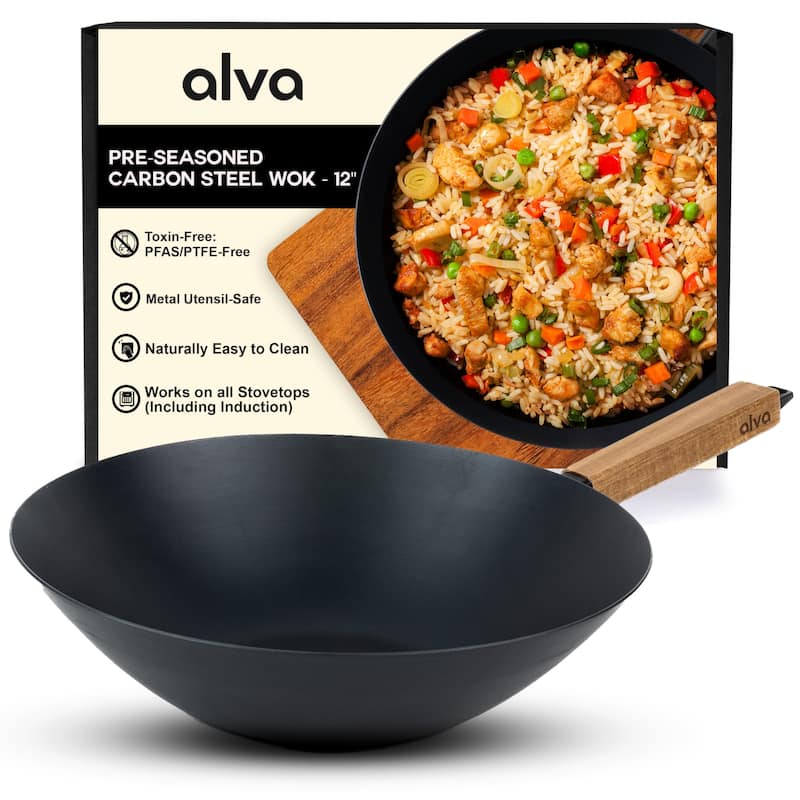 Alva Forest Carbon Steel Pan Pre-Seasoned with Natural Mineral Oil - 12"Wok
