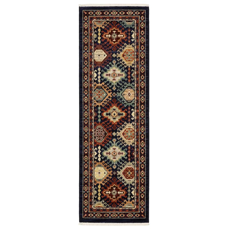 Style Haven Leander Tribal Panel Navy/ Multi Fringed Wool Blend Rug- - 2' 6" x 12' - Runner