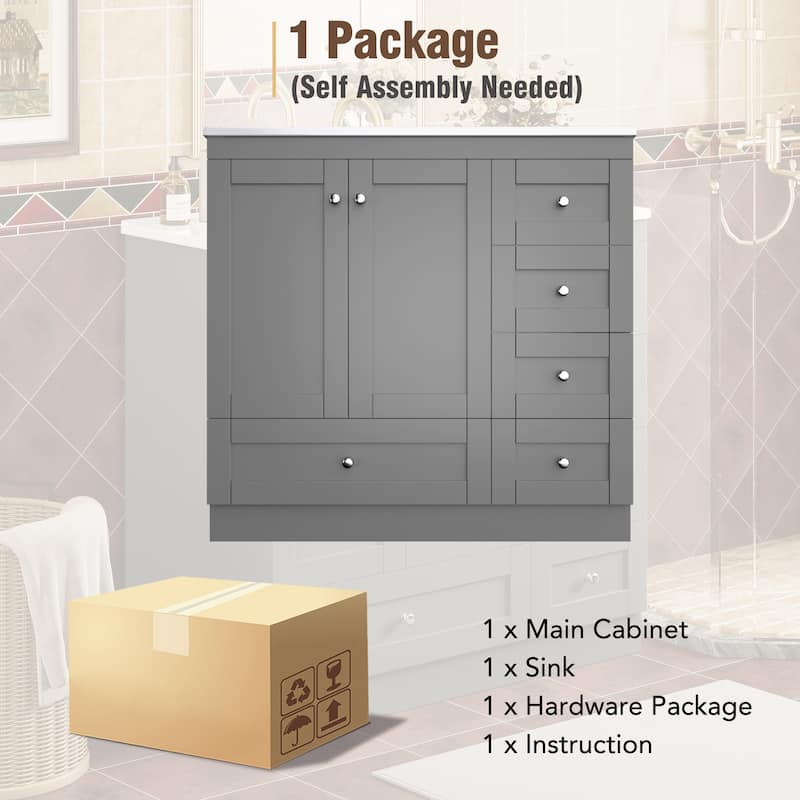 36" Shaker Style Bathroom Vanity with Ceramic Sink, Soft-Close Doors, 4 Drawers, Painted MDF Cabinet