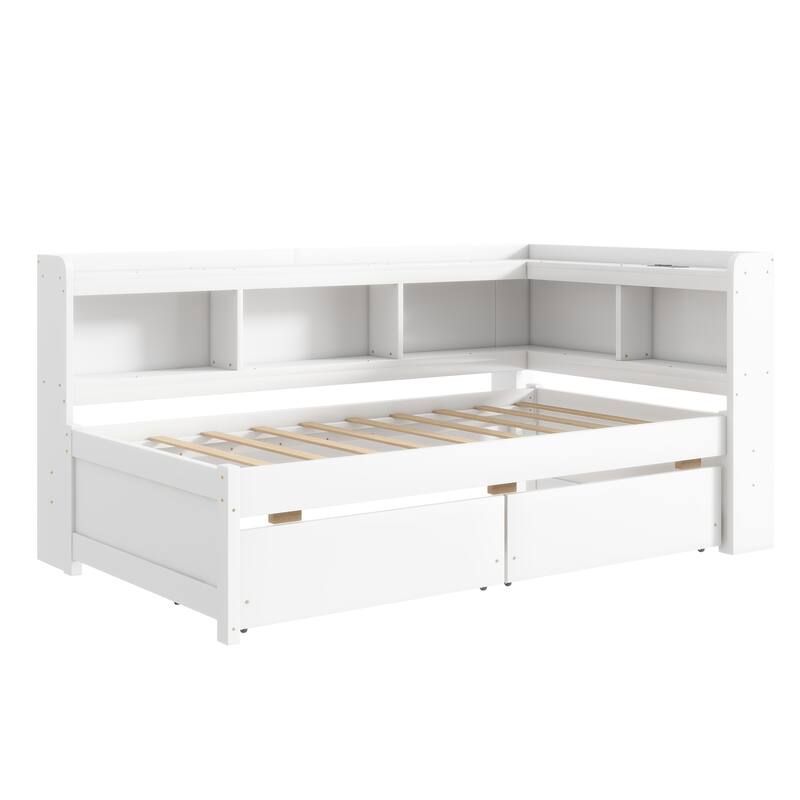 Twin Size L-shaped Bookcases Bed with Power Outlets, USB Charging Ports, Two Drawers