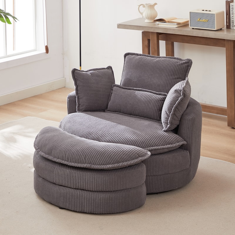 52" Upholstered Swivel Barrel Chair with Moon Storage Ottoman