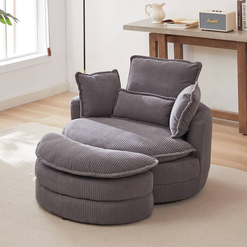 Roomfitters 38" Modern Swivel Chair with Storage Ottoman, Corduroy Accent Round Barrel Cuddle Chair with Pillows
